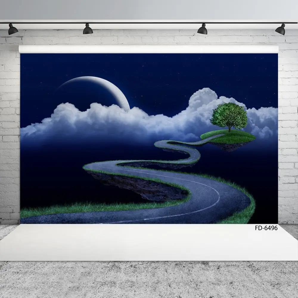 Moon Clouds Grass Road Tree Photo Background Computer Printed Backdrop Photography Props for Children Baby Portrait Photobooth