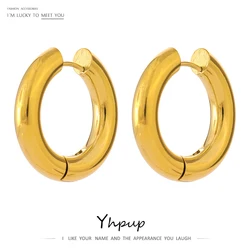 Yhpup Stainless Steel Jewelry Minimalist Round Hollow Hoop Earrings Charm Gold 18K Plated Metal Waterproof Temperament