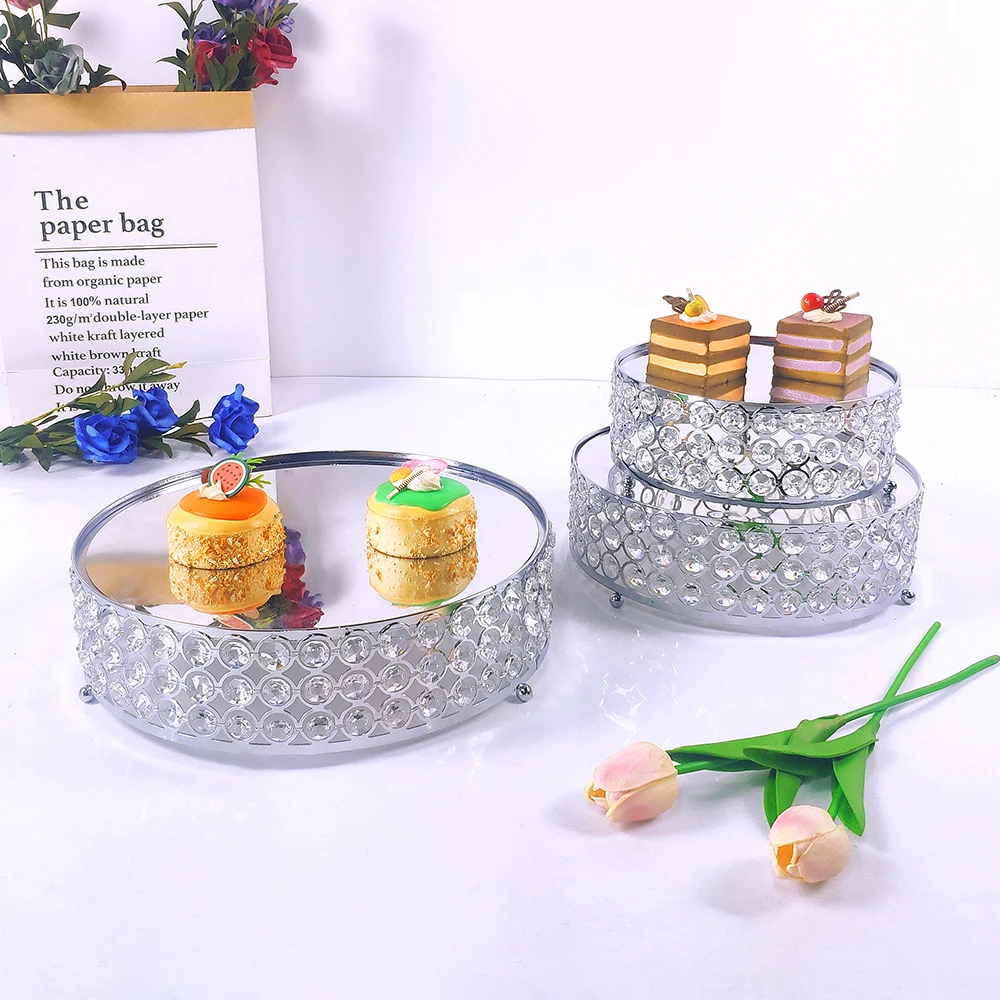 1pc Silver Mirror Crystal Metal Cake Stand Round Cupcake Wedding Birthday Party Dessert  Pedestal Display Plate Home Decor