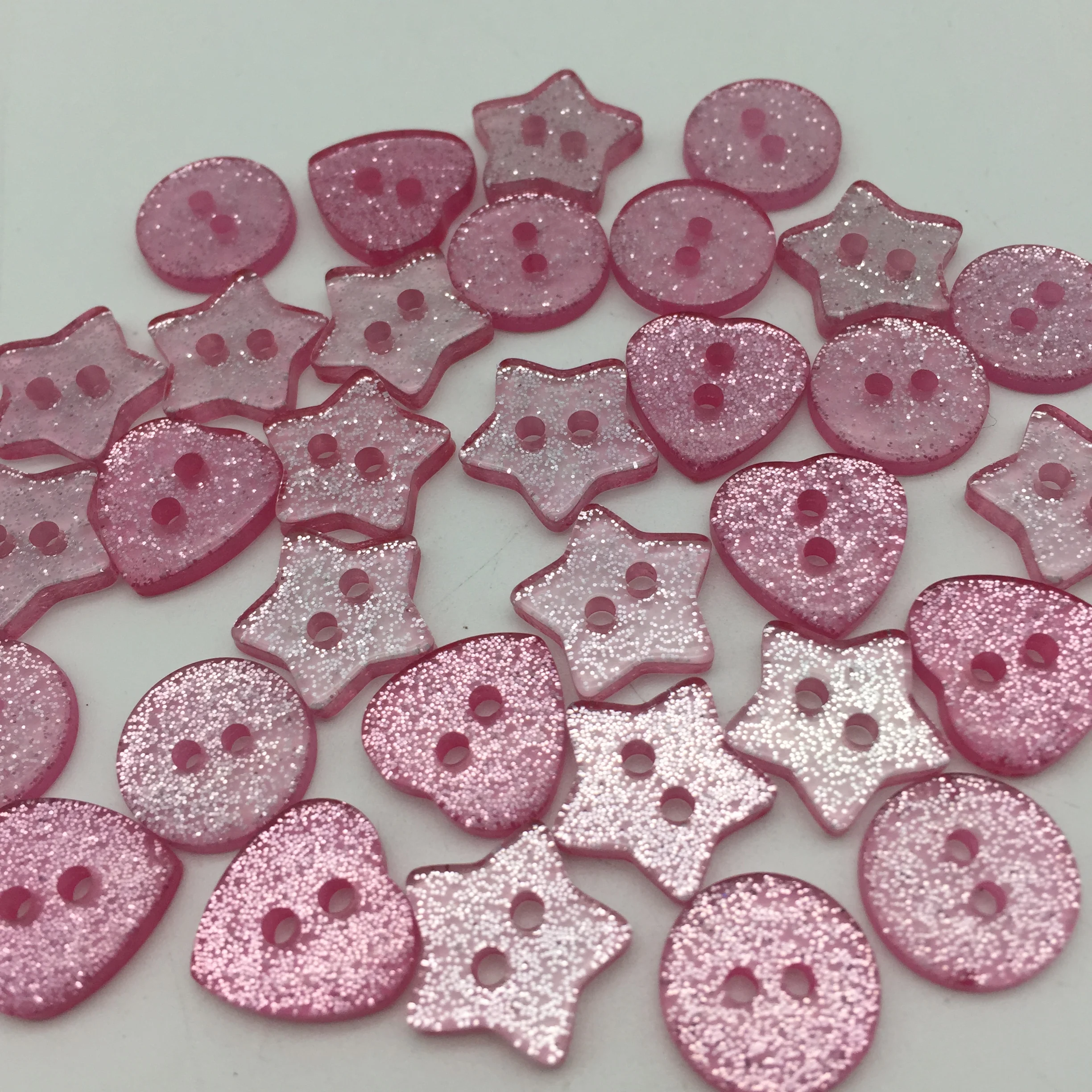 Pink Glitter Sparkle Buttons, 2 Holes, Sewing Accessories, Embellishment, Heart, Star, Round Shaped, DIY Crafts, 50Pcs