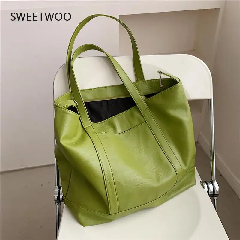 Women Large Soft Tote Bag Faux Leather Shoulder Bag Green White Brown Summer 2021