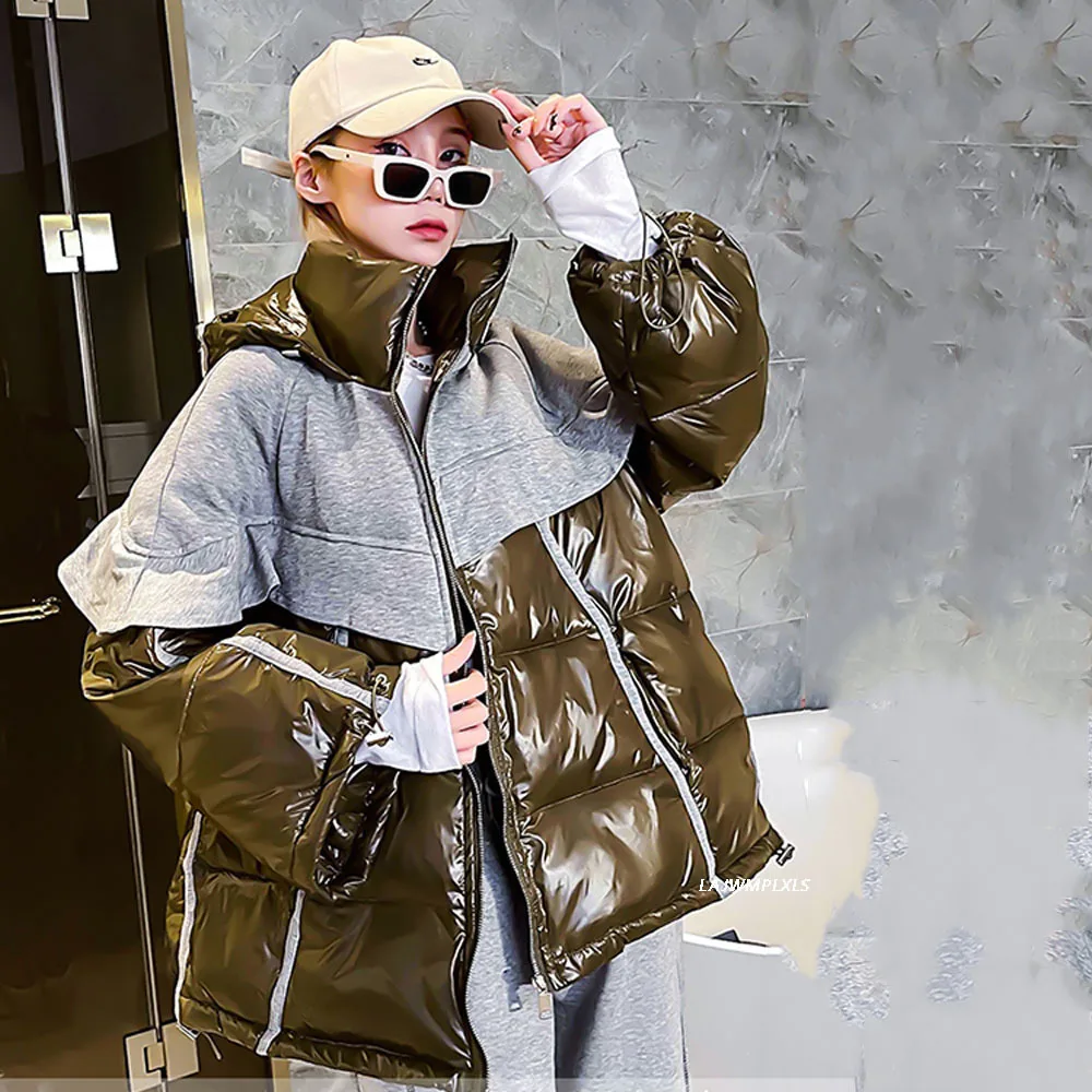 2022 New Winter Women Glossy Cotton Jacket Fashion Patchwork Hooded Zipper Pockets Woman Warm Coat