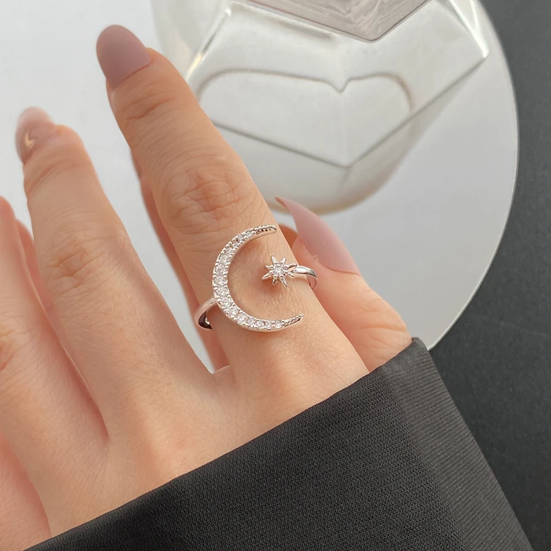 Anillo abierto de Luna y estrella para mujeres y niñas, joyería de compromiso de boda, regalo de moda, nuevo