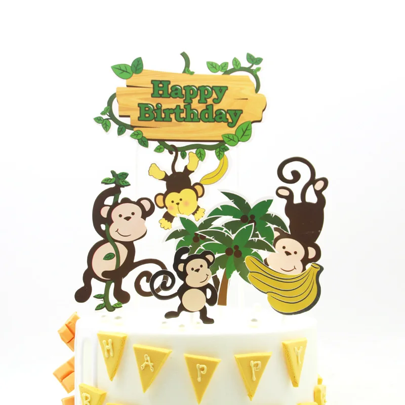 Happy Birthday Cake Topper Monkey Banana Tree Anniversaire Decoration Flag Party DIY Baking Supplies Cupcake Toppers Baby Shower