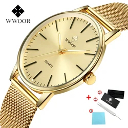 WWOOR Men Watch 2024 Luxury Gold Sports Watch Men Slim Thin Quartz Wristwatches Golden Steel Mesh Waterproof Clocks Montre Homme