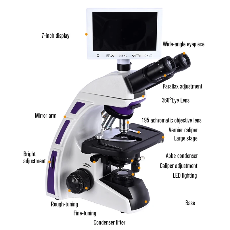 Professional Trinocular Compound microscope Lab biological zoom HD + 7-inch LCD HDMI VGA + electronic digita portable microscope