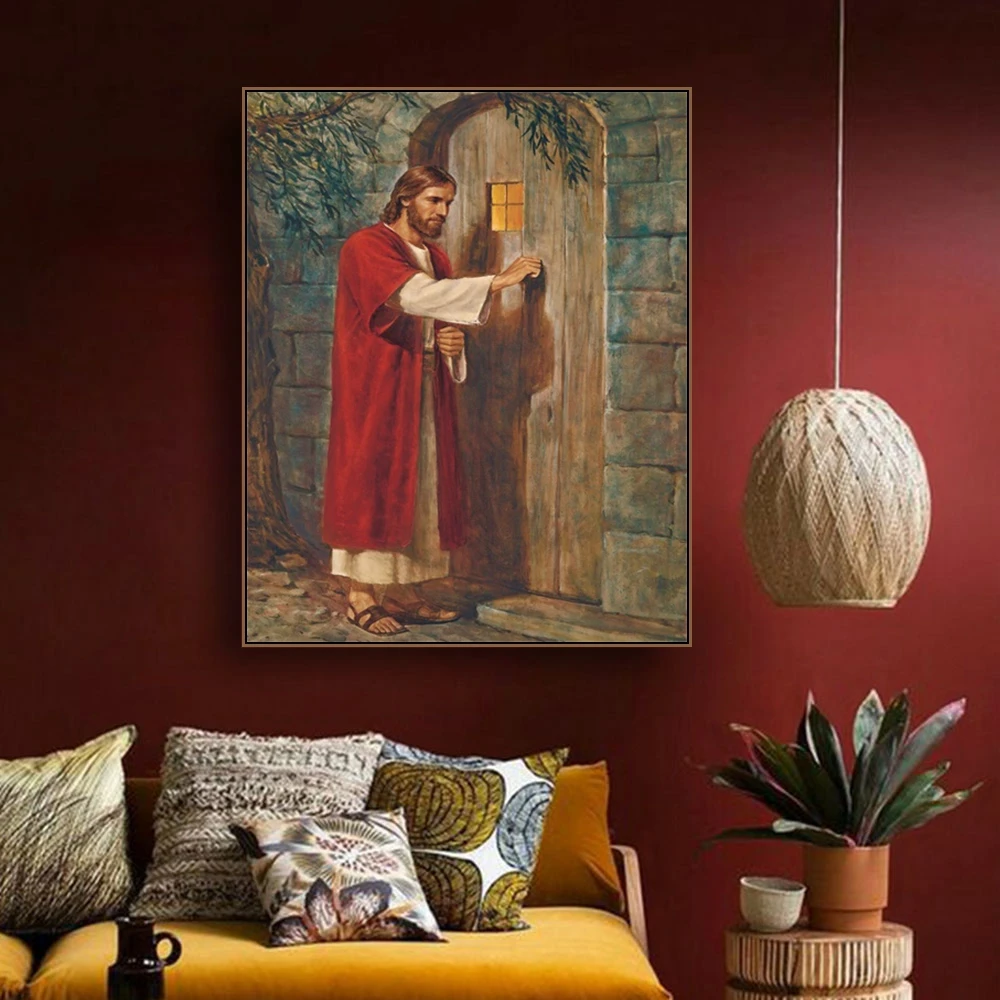 Jesus Knocked at The Door Religious Christ Famous Oil Painting Canvas Art Print Wall Art Picture for Bedroom Church Mural Decor