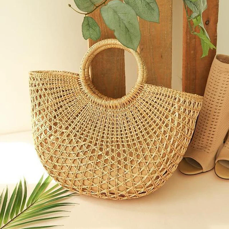 

New Straw Bag Women Hand-Woven Hollow Handbag Moon Shape Rattan Bag Big Capacity Drawstring Handbag Casual Travel Beach Bag