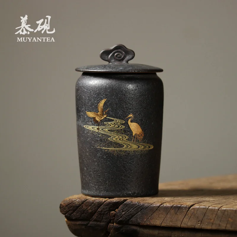 Japanese hand-painted gold crane caddy cover gasket variable silver tea tea tea awake warehouse restoring ancient ways