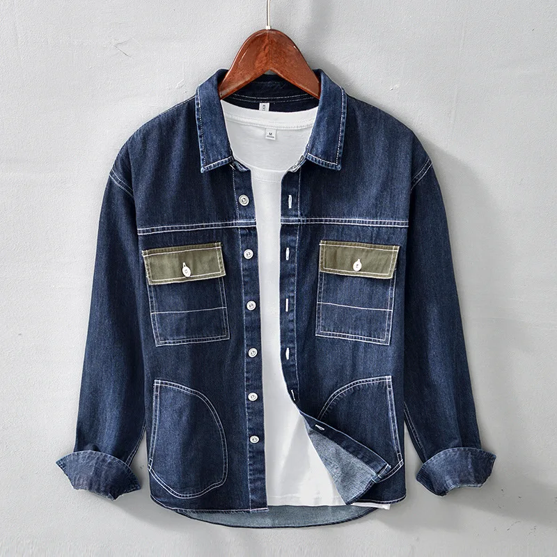 

Japanese Styles Cargo Denim Long Sleeve Shirt Men's Washed Retro Slim Fit Jean Coats 100%Cotton High Quality Street Shirts Coats