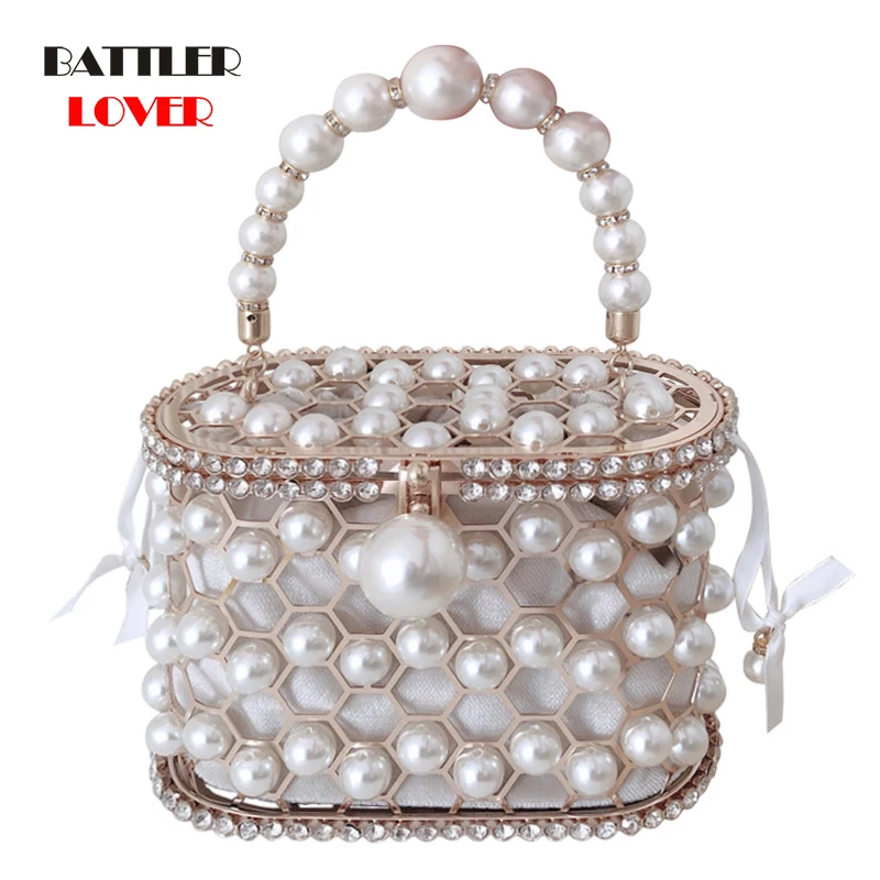 Luxury Pearl Handbag For Women 2021 Hollow Out Wedding Clutch Purse Bag Female Diamond Rhinestone Metal Cage Basket Shoulder Bag