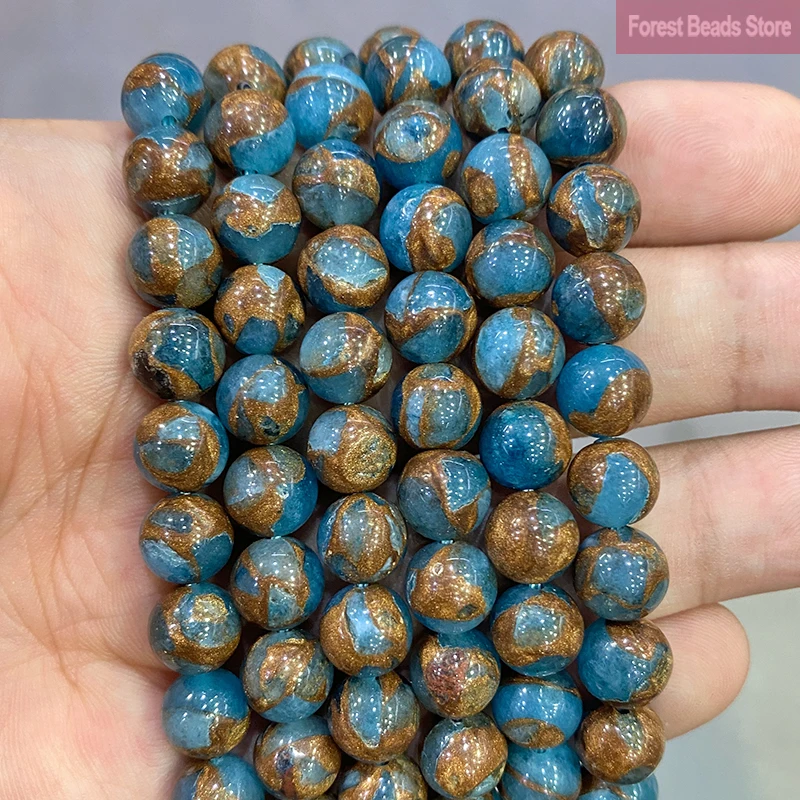 Naturalny złoty pasek Jezioro Niebieski Kamień Cloisonne Okrągłe koraliki Diy Bransoletka Naszyjnik do tworzenia biżuterii 15 "Strand 4 6 8 10 12MM