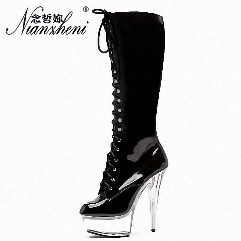 Sexy Patent leather Round toe Zipper Thigh high boots 15cm High heeled shoes Crystal Thick platform Novelty Cross dressing Party