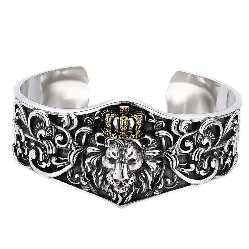 BOCAI New Real Pure s925 Silver Jewelry 2021 Trend Personality Wide Version Crown Lion Punk Rock Man Bracelet