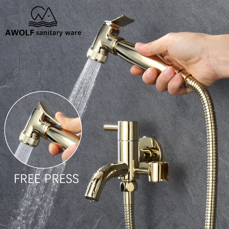 Toilet Shattaf Hand Held Bidet Sprayer Shiny Zirconium Gold Douche Kit Solid Brass Spout Shower Head Faucet Tap AP2213