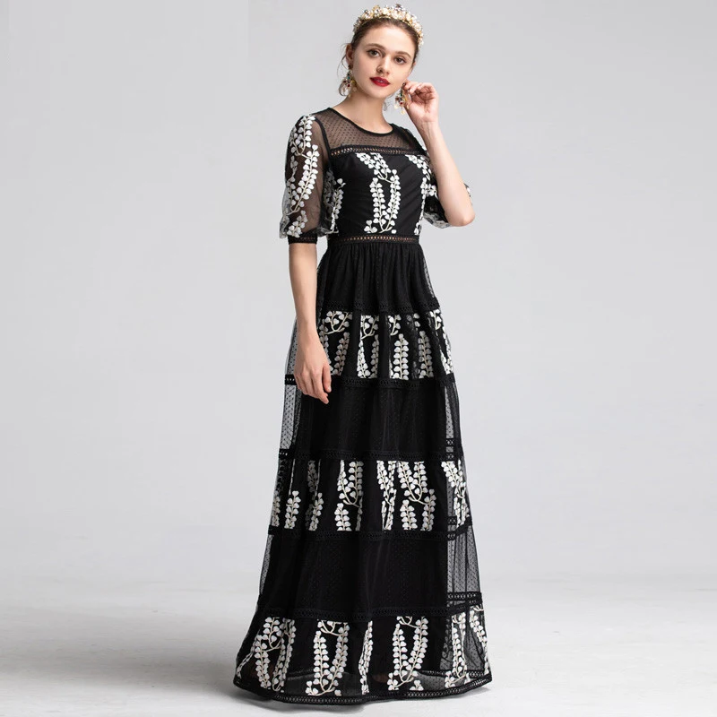 Fashion Women Puff Sleeve Floral Embroidery Patchwork Elegant Evening Dress Black Vestidos Vintage Party Prom Dresses