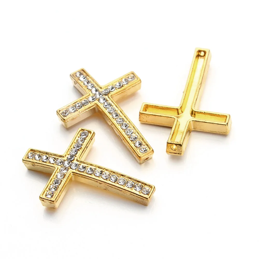 5pcs/bag Wholesale Gold/Rhodium/Gunmetal Color Rhinestone Sideway Cross Bracelet Charm Pendant for Jewelry Making AccessoryF293