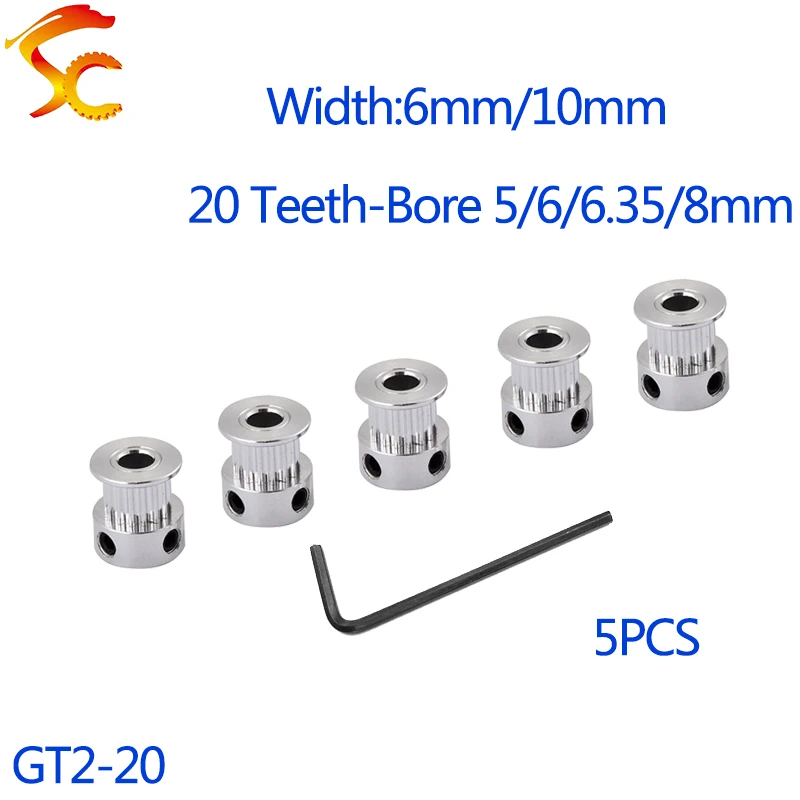 

5PCS GT 20 Teeth 2GT 2M Timing Pulley Bore 4/5/6/6.35/8mm for 2GT GT2 Synchronous belt width 6/10mm small backlash 20Teeth 20T