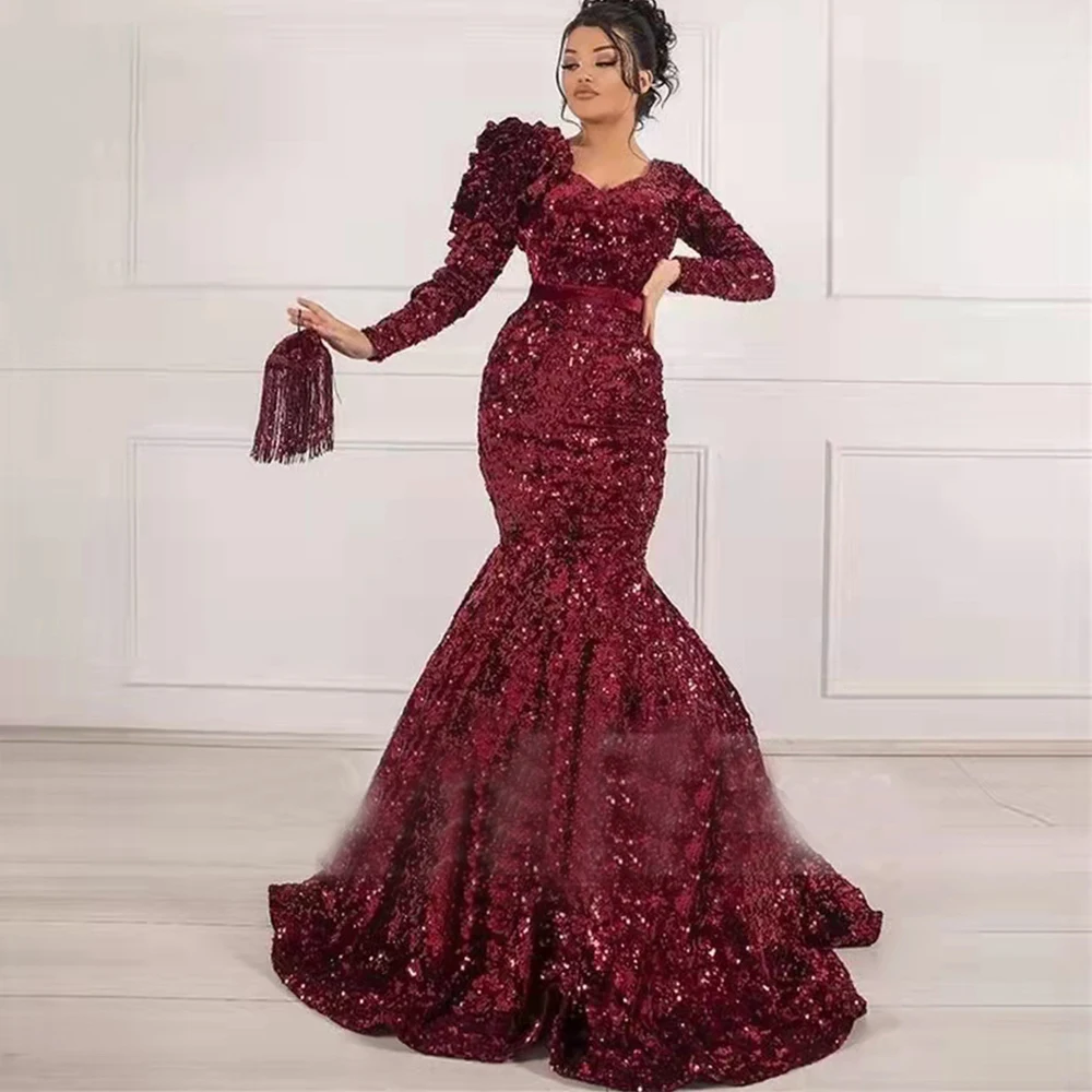 

Arabic Dubai Burgundy Sequins Mermaid Evening Dress V Neck Full Sleeves Prom Gown Middle East robes de soirée فساتين السهرة плат