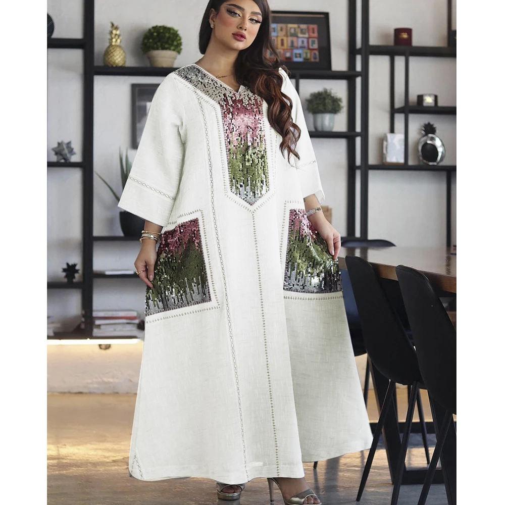 AB053 Evening Dress Grey White Abaya Luxury Woman Muslim Set Sequins Loose Fat Plus Size Female Accessories Ramadan Kaftan Islam