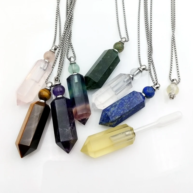 Natural Gemstone Perfume Bottle Necklace, Hexagon Prism Vial Rose Quartz Amethyst Diffuser Necklace