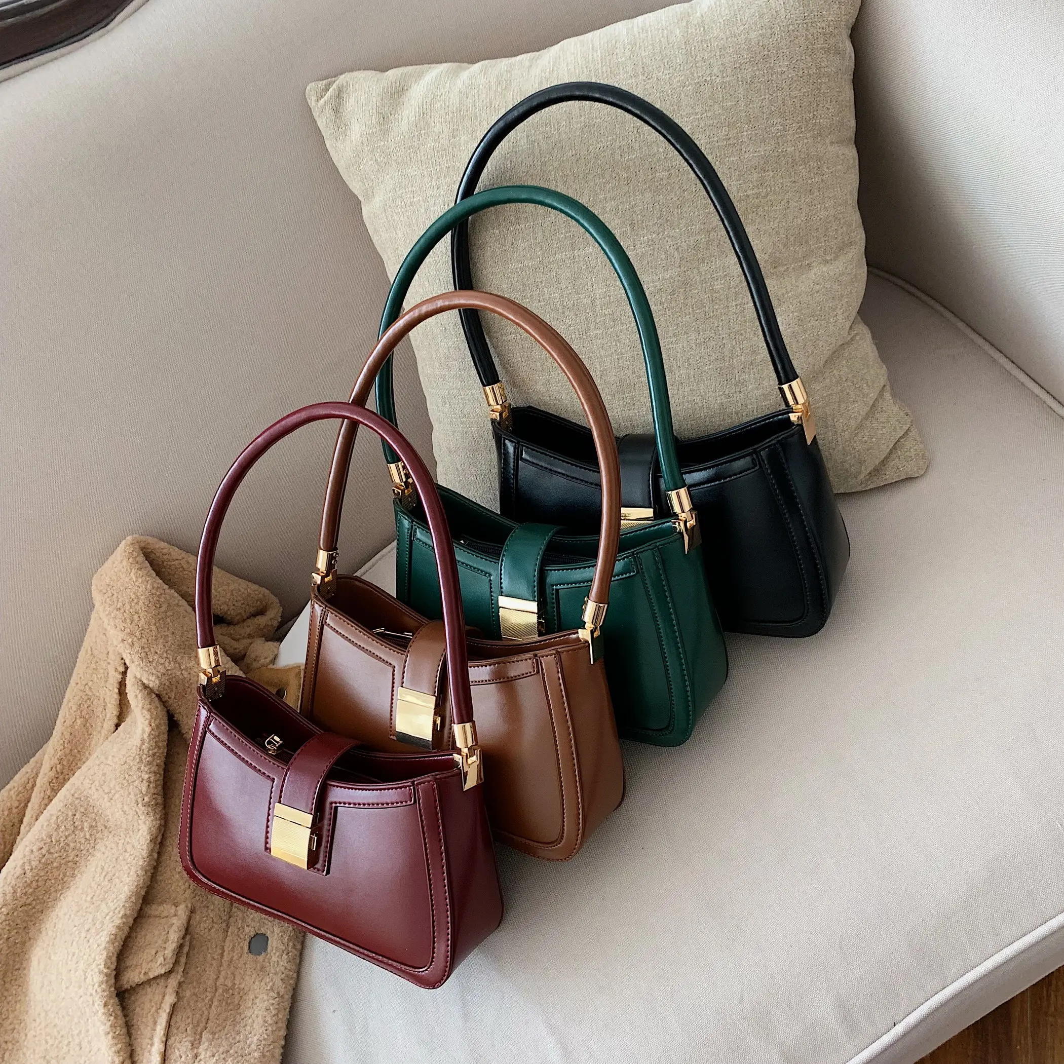 Solid Color PU Leather Shoulder Bags For Women 2021 Lock Handbags Small Travel Hand Bag Lady Fashion Bags