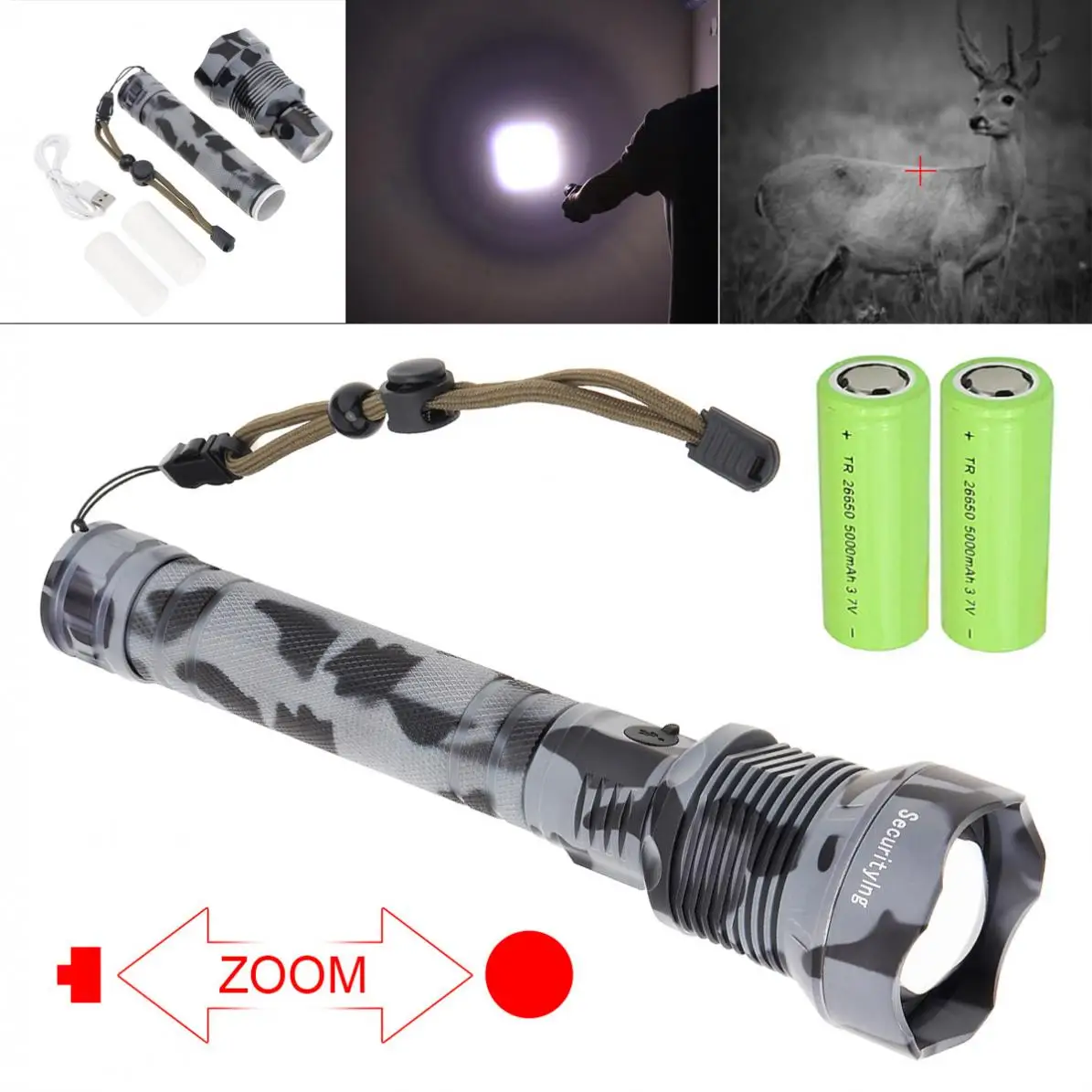 

9000 Lumen 3 Modes USB Rechargeable Led Flashlight with Two 26650 Batteries Torch XHP70.2 Resistant Zoomable for Camping/Hunting