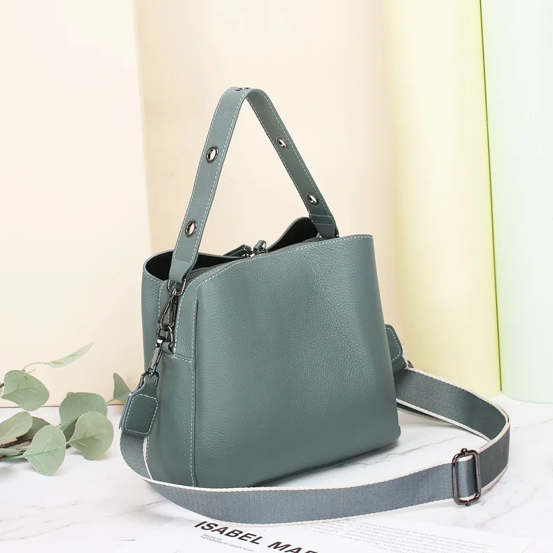 Fashion Brand Design Genuine Leather Women\'s Bucket Bag Totes First Layer Cowhide Messenger Shoulder Bag Leather Crossbody Bags