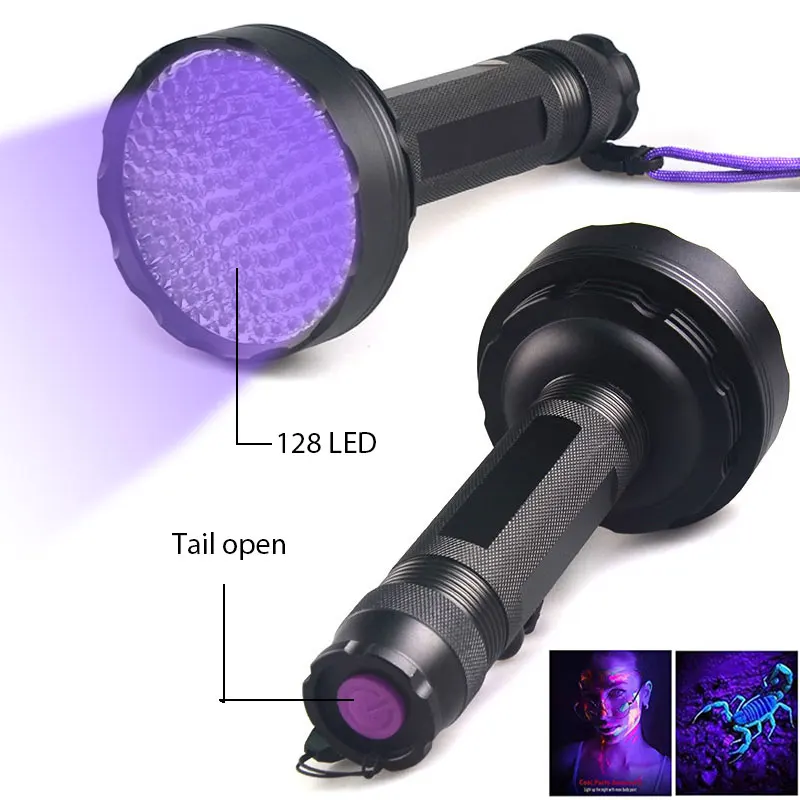 UV Flashlight 395 Nm 128 LEDs Blacklight 18W UV LED Torch Light For Pet urine testing & Dog Cat Urine Detector,6 x AA Battery