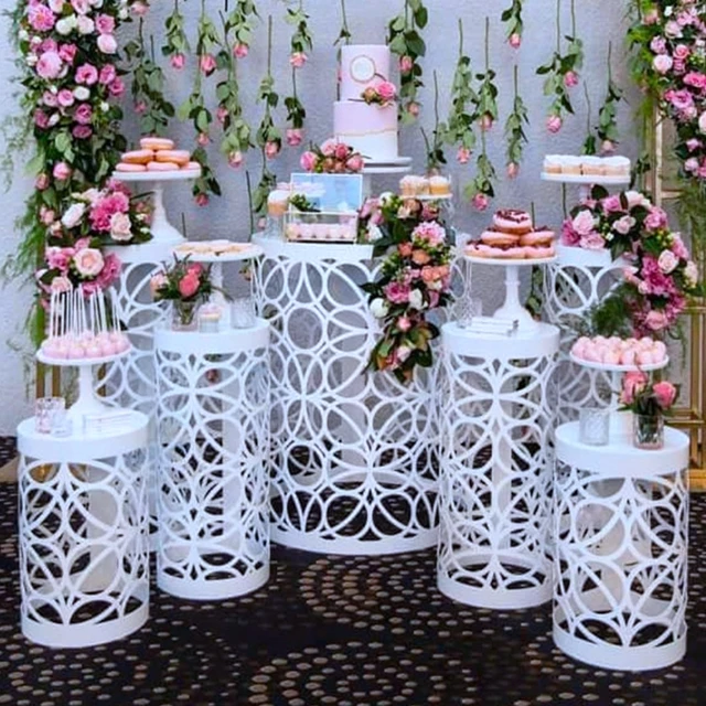 Fancy party decorative white round metal laser cut cake table plinth for wedding events yudao1900