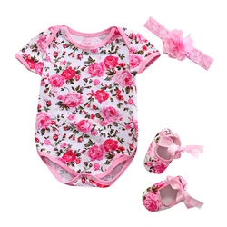 Summer Newborn Baby Girl Clothes Floral Leopard Romper Short Sleeve Jumpsuit+Shoe+Hairband 3Pcs Outfits Set