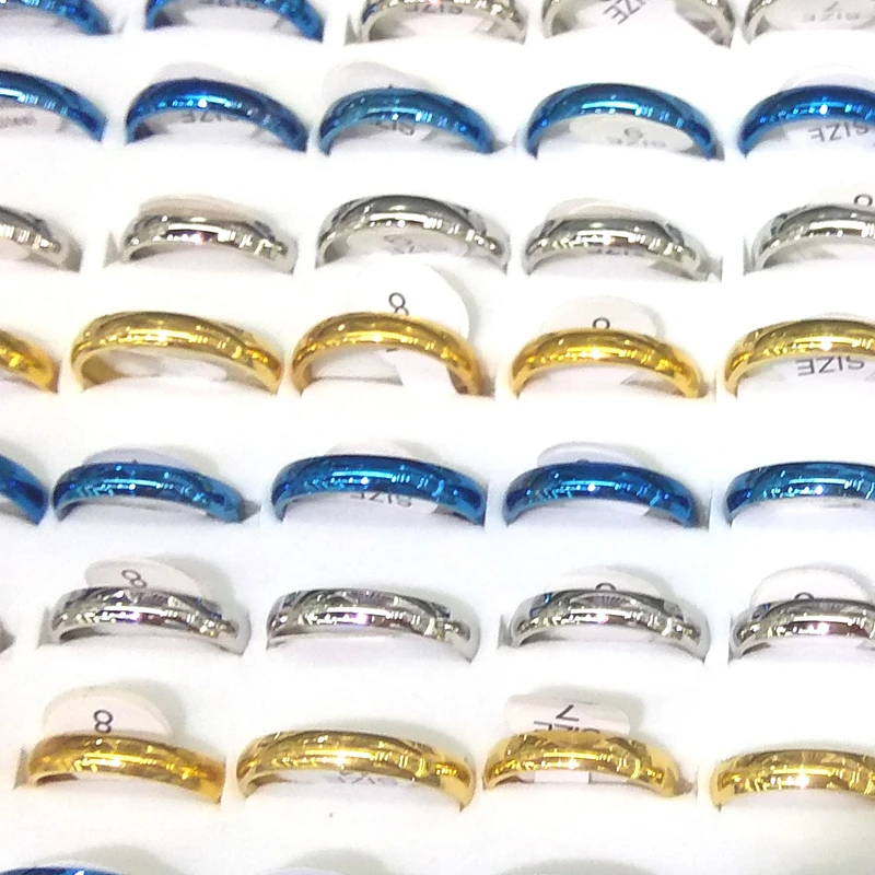 

50pcs/Pack 4mm Width Plain Stainless Steel Rings Silver Blue Gold Color Mixed Size