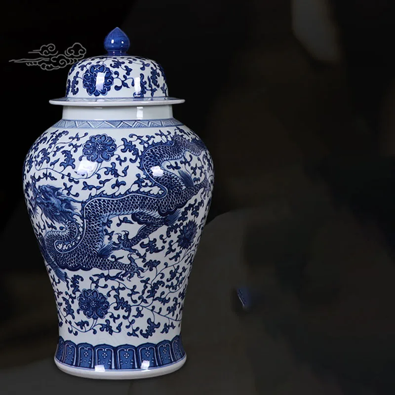 Large Blue and White Porcelain Vases Chinese Modern Ceramic Painted Dragon Pattern Floor Vase with Lid Living Room Decoration