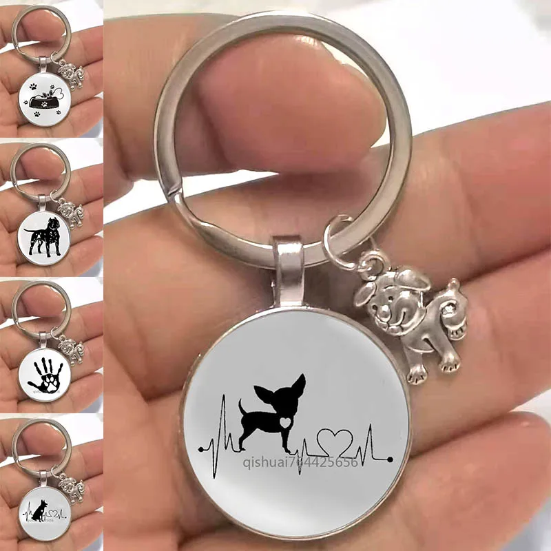 Fashion Cute Animal Keychain Cats And Dogs I Love Glass Pendant Mini Heart-Shaped Key Ring Car Keys Boys And Girls Favorite Gift