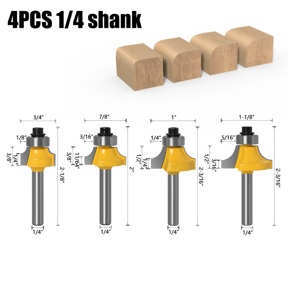 4PCS 6mm shank R3.17 R4.76 R6.35 R7.96Corner Round Over Router Bit with BearingMilling Cutter for Wood Woodwork Tungsten Carbide