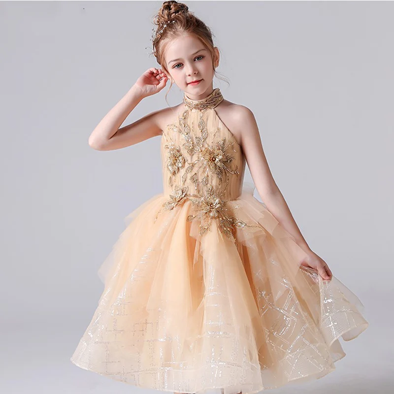 Moderne Tulle Halter Bloem Meisje Jurken Tiered Bruiloft Prinses Jurk Formele Kids Verjaardag Gown Nieuwe