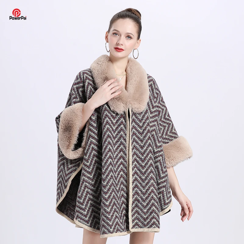 Wave Stripes Wool Blends Loose Cardigan Cloak Elegant Faux Rex Rabbit Fur Coat Women Autumn Winter Overcoat Plus Size Batsleeve