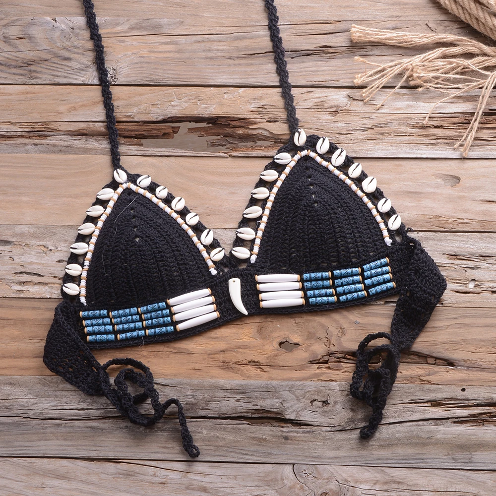 Have Lining Sexy Handmade Crochet Bikini Push Up Swimsuit Triangle Bathing Suit Women Halter Seashell Bikini Set Padded Swimwear