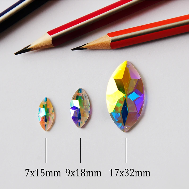 

New Styles Navette Crystal AB K9 Glass Mirror Sew On Rhinestones Sew On Stones Crystal Strass with Holes DIY Garment Decoration