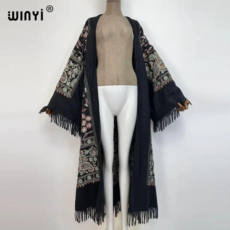 WINYI Winter Frauen quaste Pashmina Stickerei Lange Mantel Lose Revers Mantel Starke Warme freie größe Nahen Osten Weibliche KIMONO