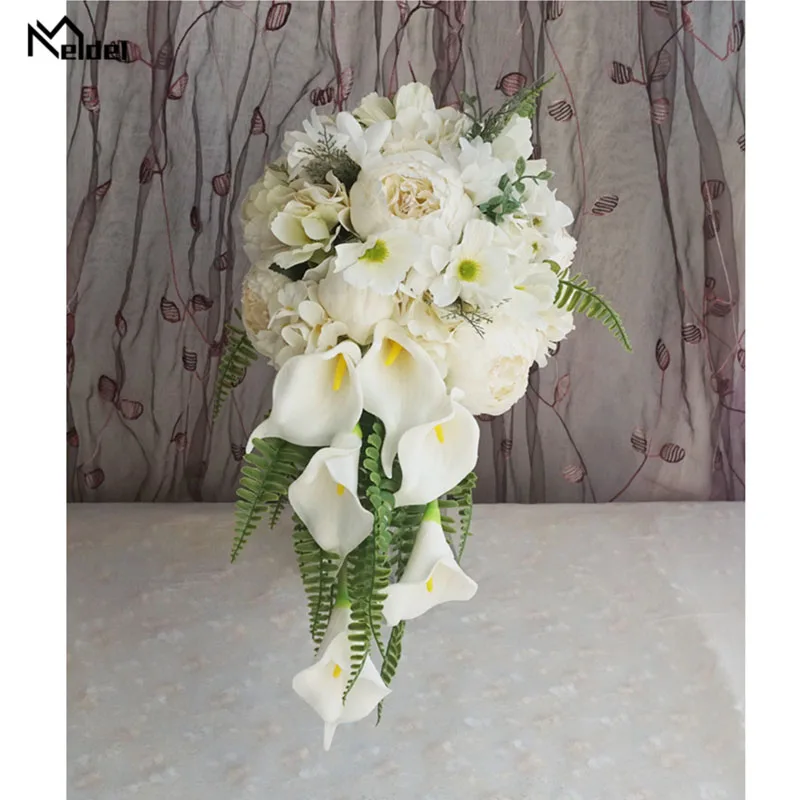 Meldel bride buquê de casamento cachoeira, buquê artificial vintage de peônia e flor de calla, buquê luxuoso para casamento