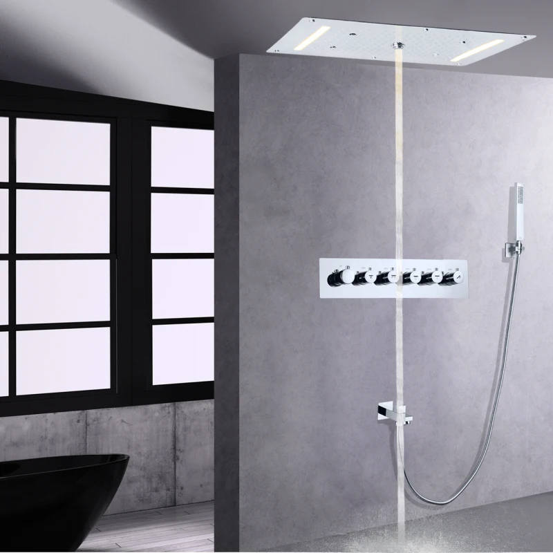 

Chrome Polished Thermostatic Rain Shower System 700X380 MM LED Bathroom Multifunction Shower Set