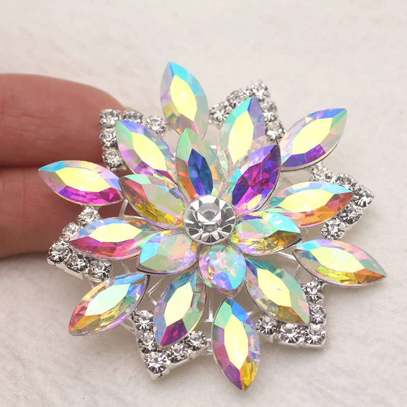 5.8cm flower shape crystal ab rhinestone applique flat silver base sew on rhinestone for wedding dress bags shoes decoration
