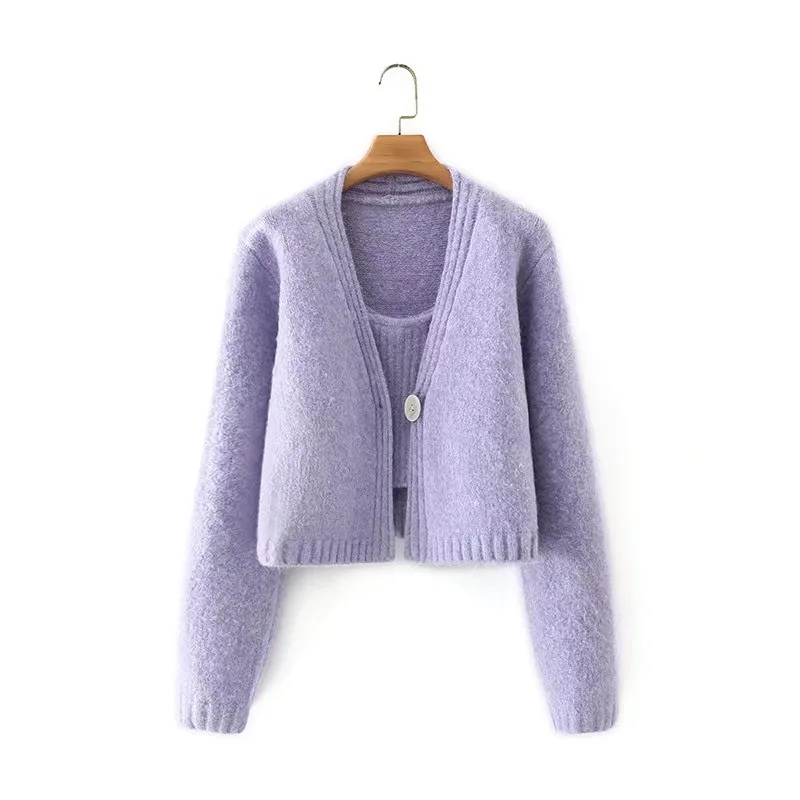 1 set Autumn Winter Romantic Purple Knitting Cardigan Cropped Tank Top Single-breasted One Button Short Sweater Loose Jumper