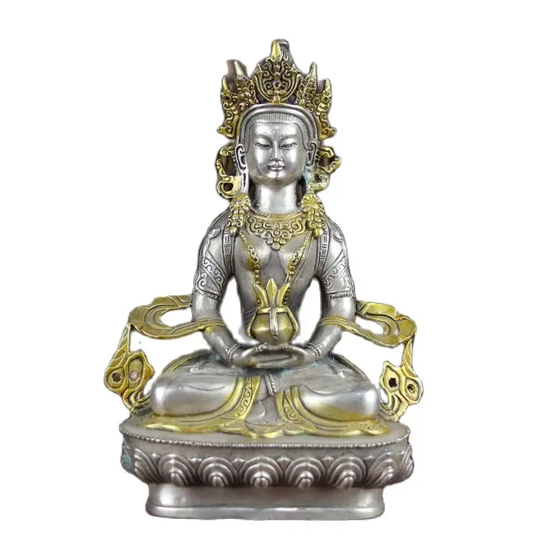 

China Old Feng Shui Ornaments White Copper Gild Silver Guanyin Statue