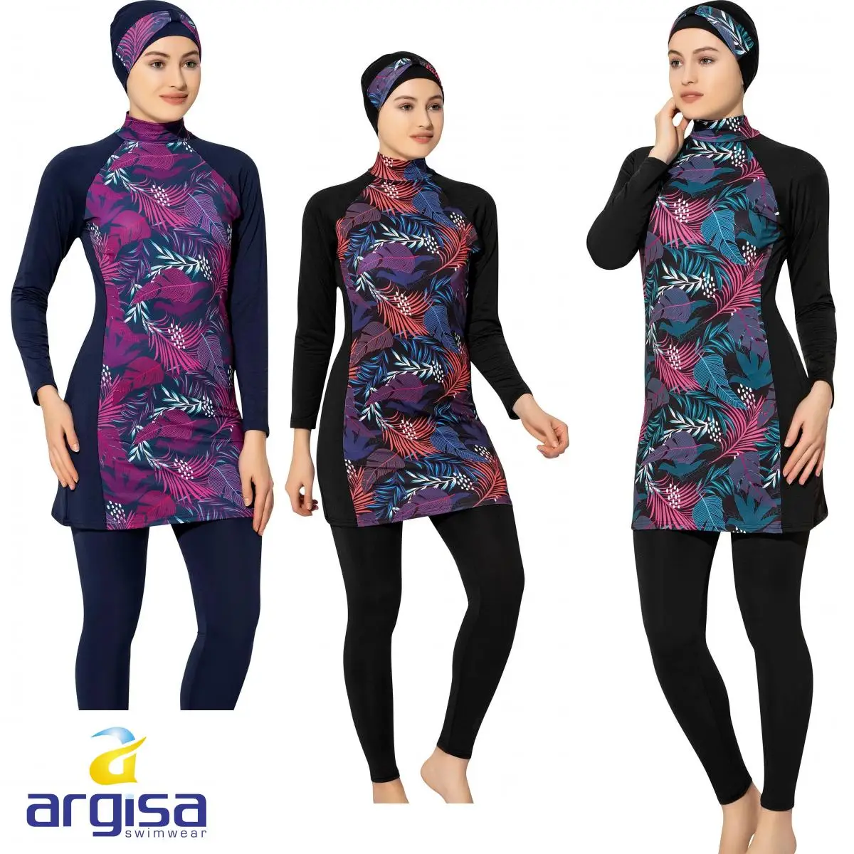 Argisa 7560 Long Sleeve Leaf Patterned Flexible Full Burkini Muslim Swimwear 36-52 Plus Size Hijab Islamic Swimsuit Turkey Women