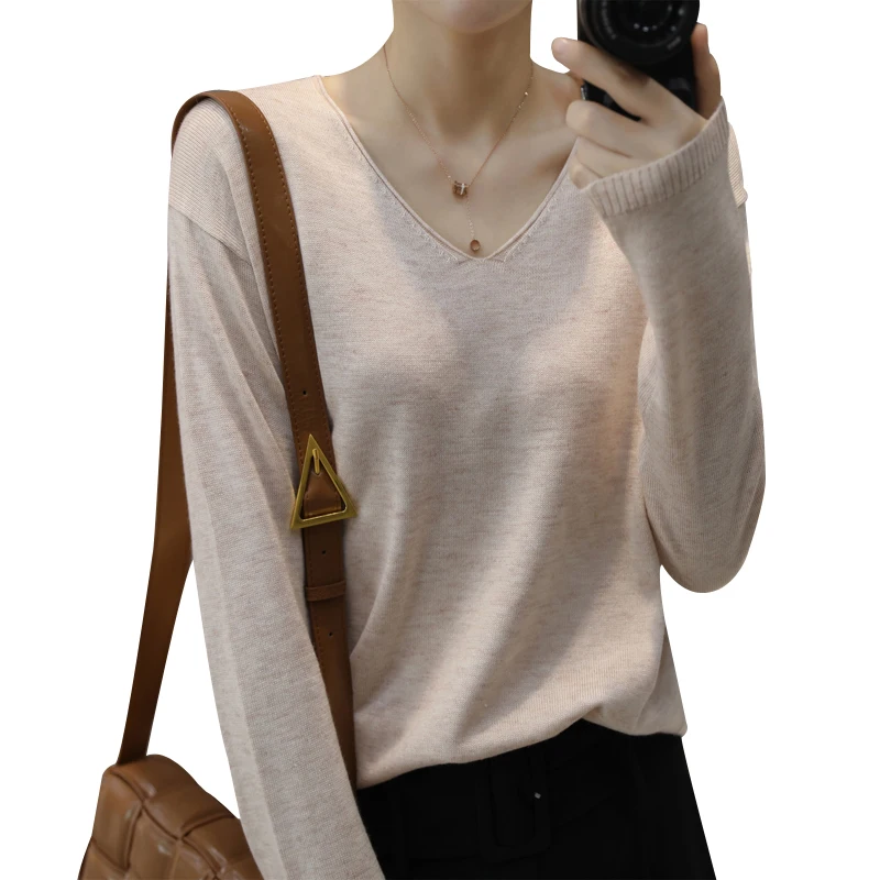 V-neck sweater women's long-sleeved short knitted sweater fall spring thin bottoming shirt top