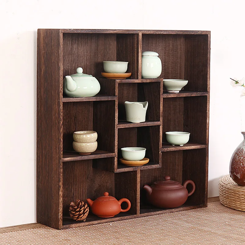 Classical Burnt Paulownia Wood Teapot Shelf 47x47cm Wood Rack Tea Trays Tea Saucer Chinese Teacup Collection Crafts Display Tray