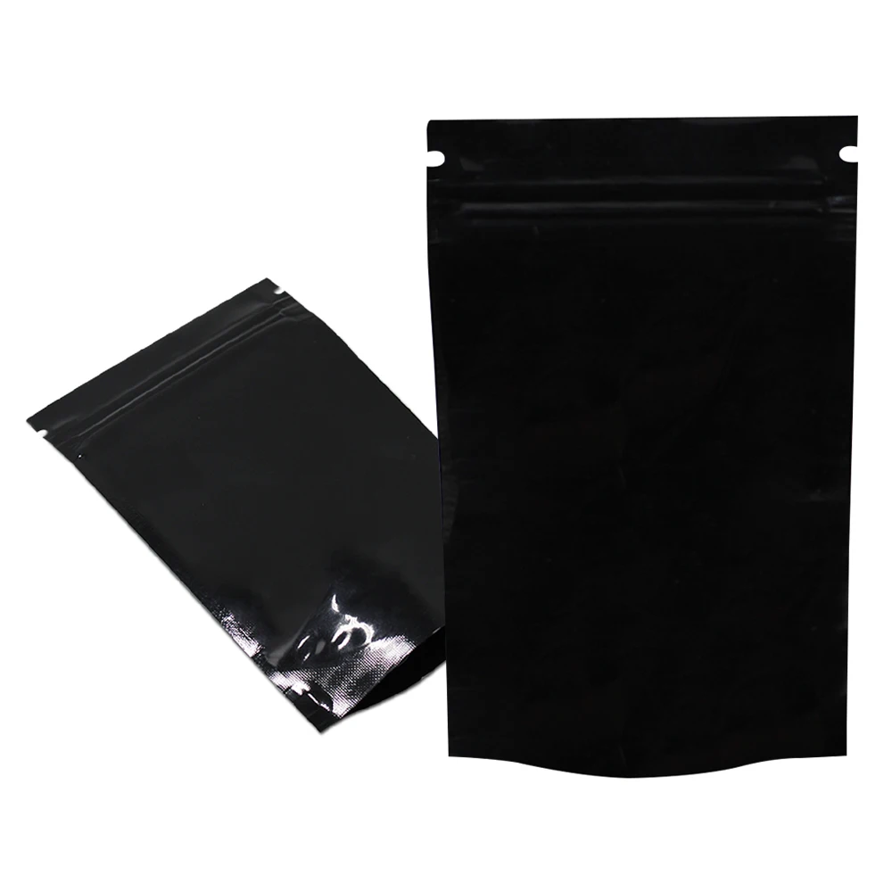 100Pcs/Lot Glossy Black Aluminum Mylar Foil Stand Up Bag Zip Lock Self Seal Reclosable Food Candy Chocolate Tear Notch Doypack