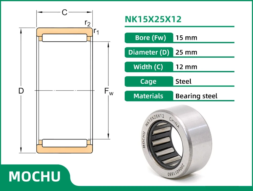1 Stück NK15X25X12 NK152512 15X25X12 8E-NK15X25X12-3 NK1512 MOCHU Nadelrollenlager mit bearbeiteten Ringen ohne Innenring – Detail 1
